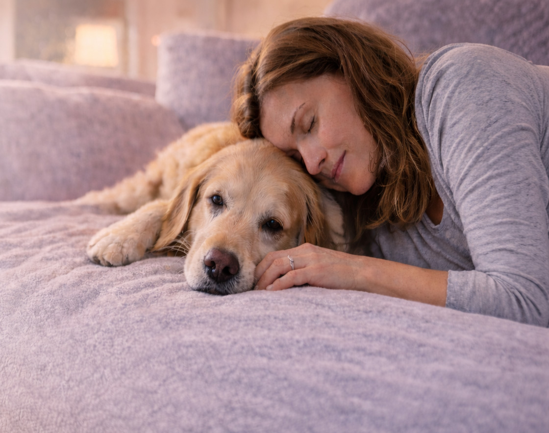woman comforting dog