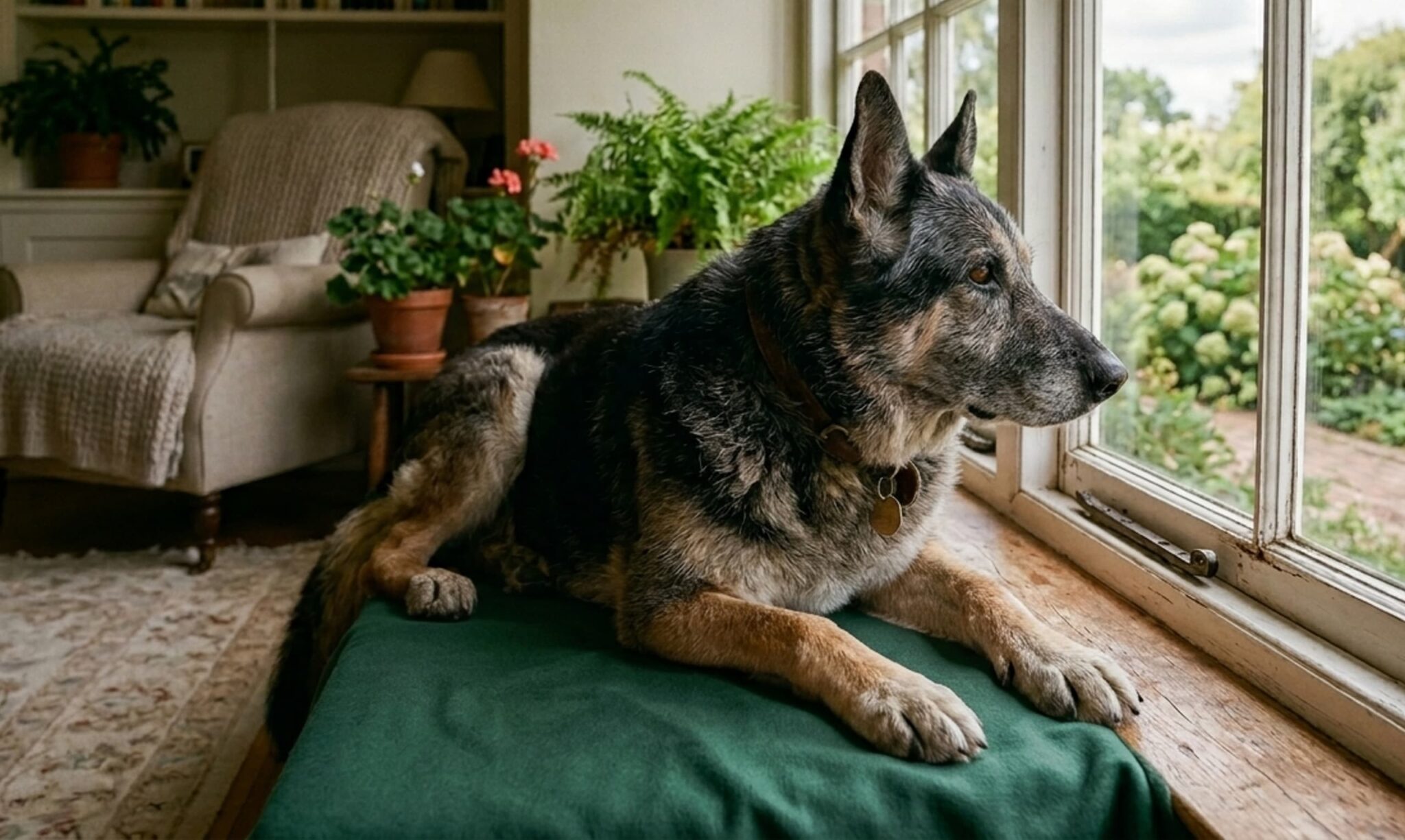 German Shepherd looking out windwow