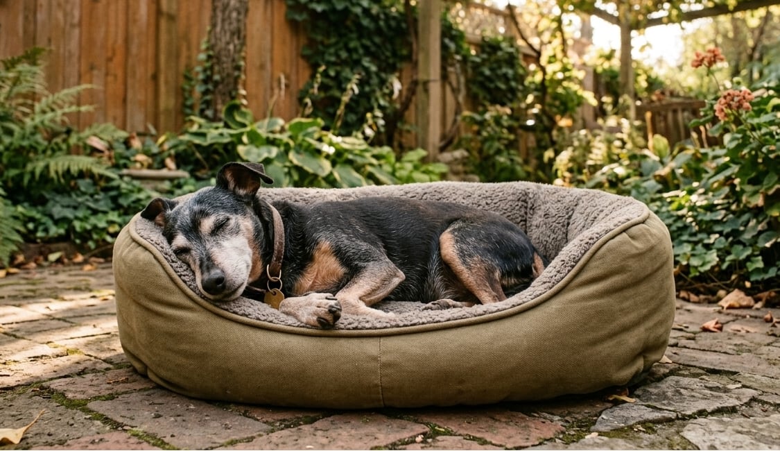 dog resting on bed outdoors