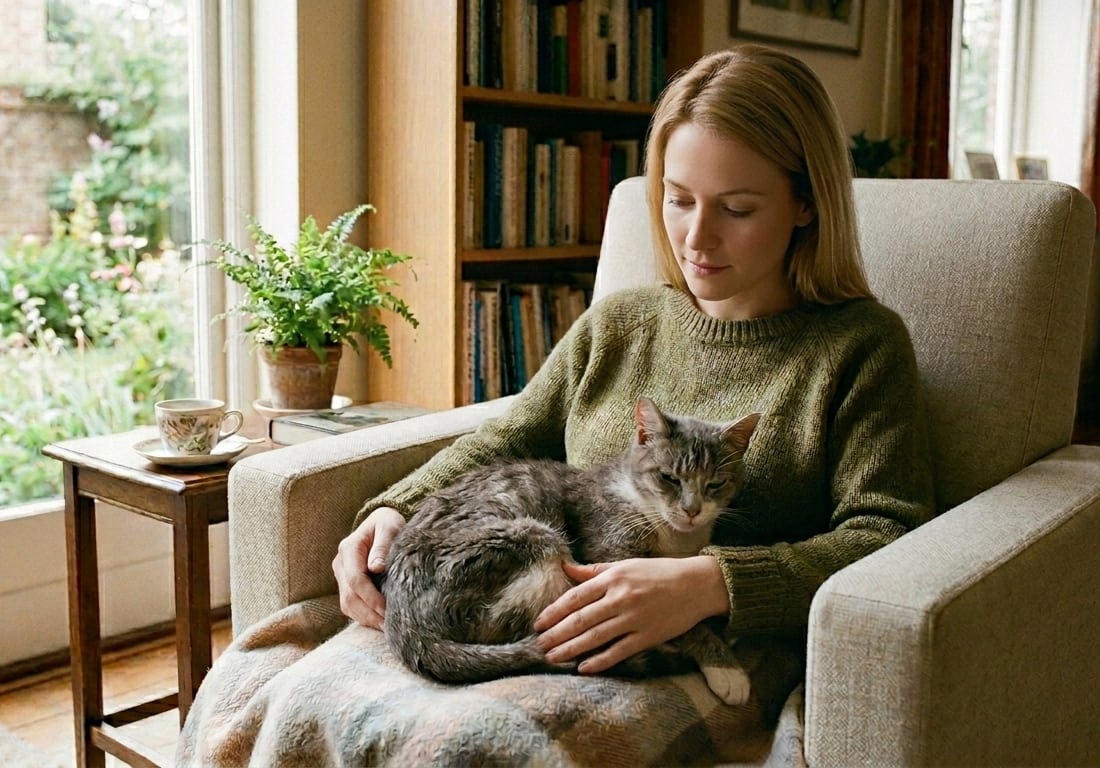 Owner with cat resting on lap